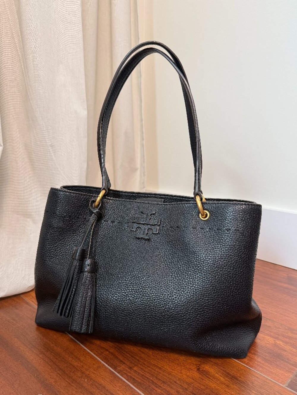 Tory Burch Black Pebbled Leather Shoulder Bag McGraw Triple Compartment Tote